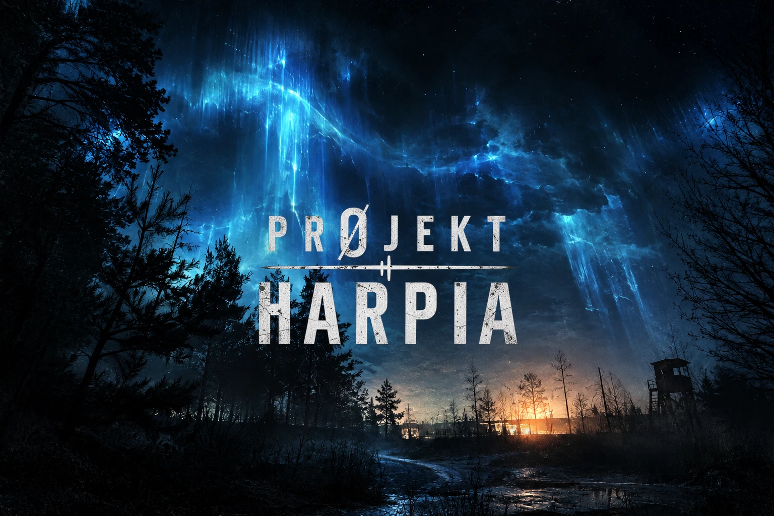 Projekt HARPIA – nocny las pod płonącym niebieskim niebem, wieża strażnicza i światła obozu na horyzoncie
